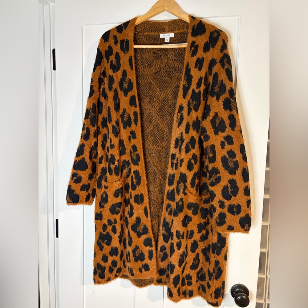 Nine West Leopard Print Eyelash Knit Cardigan Duster Brown Black Plus 1X - Picture 5 of 8